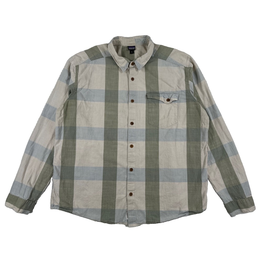 Patagonia Clean Color Shirt Button Up Men's XL Green Beige Organic Cotton